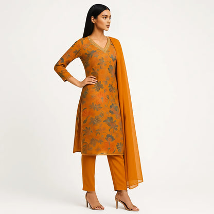 Straight Fit Printed V-Neck Kurta With Pant With Dupatta Set