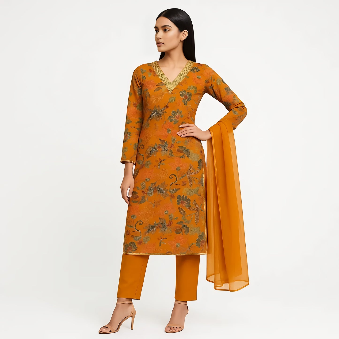 Straight Fit Printed V-Neck Kurta With Pant With Dupatta Set