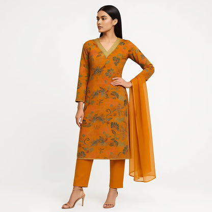 Straight Fit Printed V-Neck Kurta With Pant With Dupatta Set