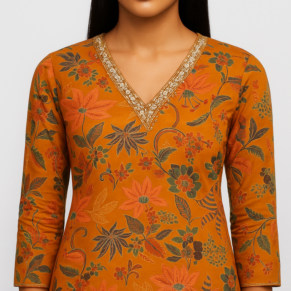 Straight Fit Printed V-Neck Kurta With Pant With Dupatta Set