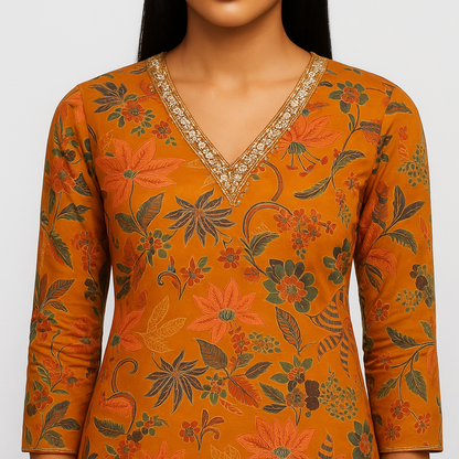 Straight Fit Printed V-Neck Kurta With Pant With Dupatta Set