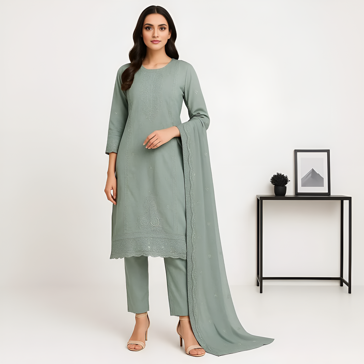 Straight Fit Embellished Kurta With Pant With Dupatta Set