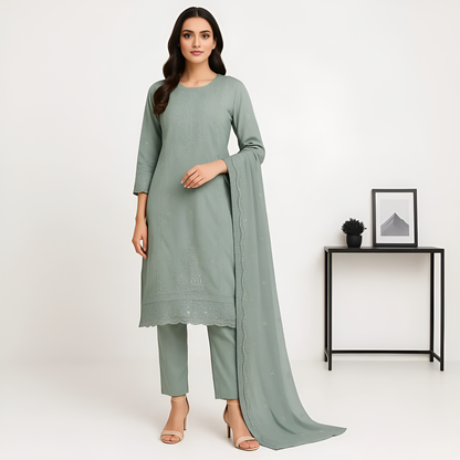 Straight Fit Embellished Kurta With Pant With Dupatta Set
