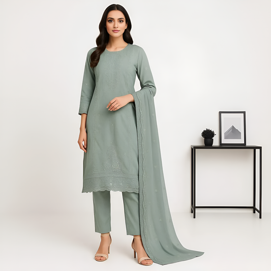 Straight Fit Embellished Kurta With Pant With Dupatta Set