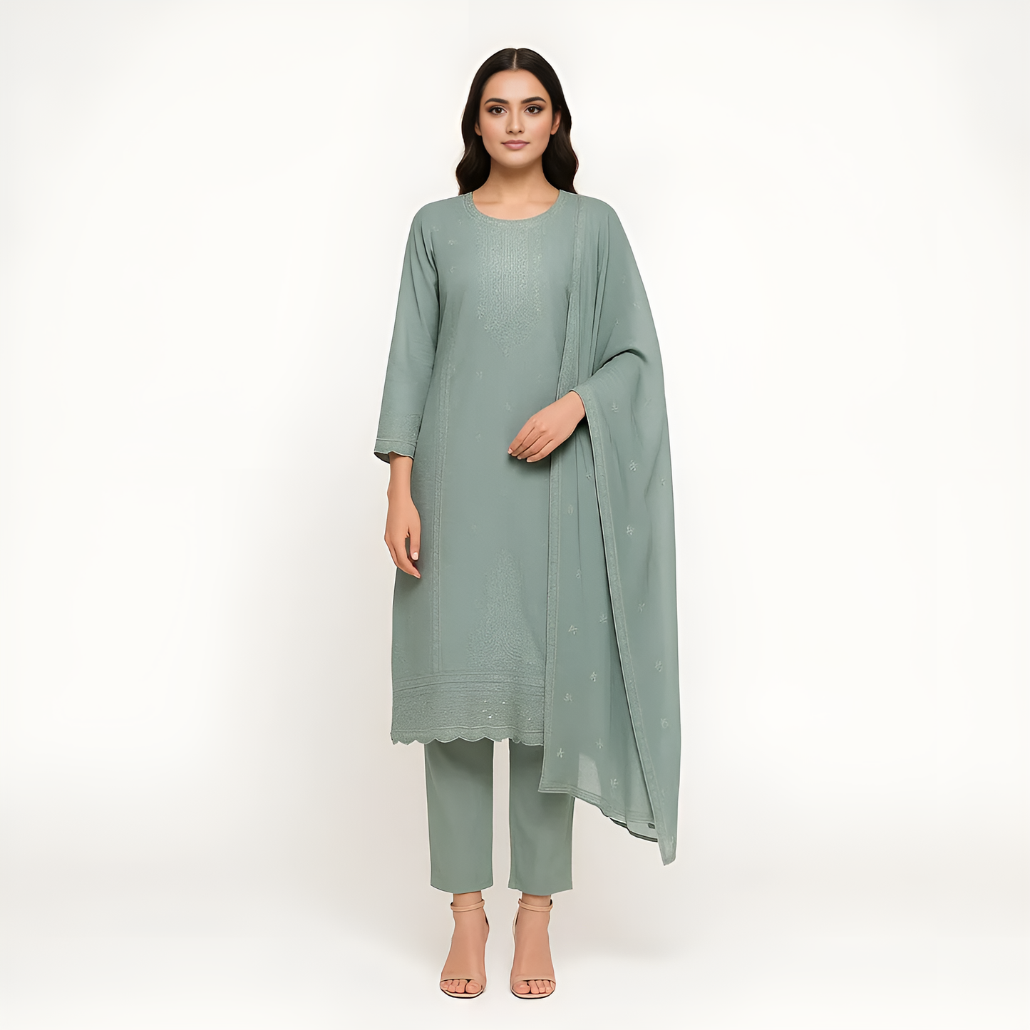 Straight Fit Embellished Kurta With Pant With Dupatta Set