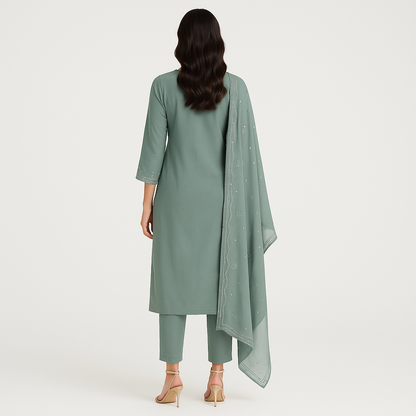 Straight Fit Embellished Kurta With Pant With Dupatta Set