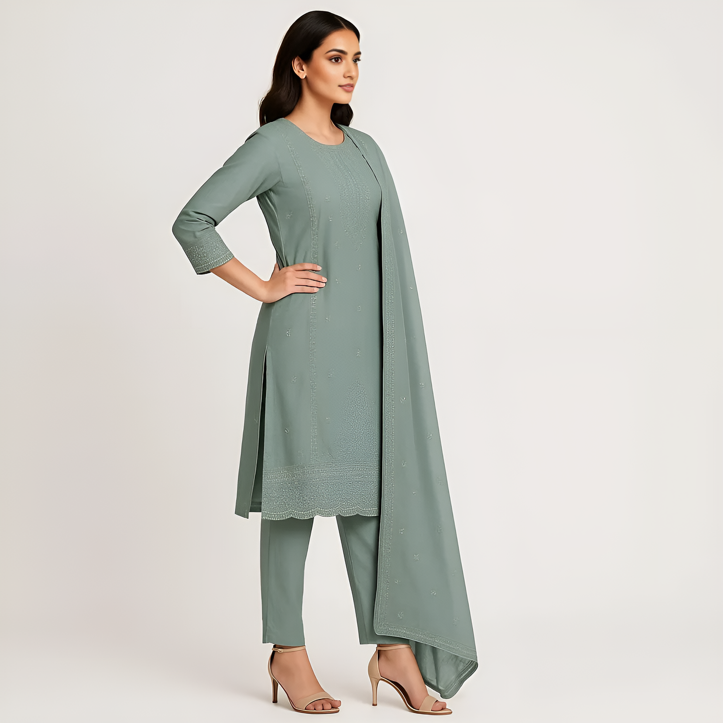 Straight Fit Embellished Kurta With Pant With Dupatta Set