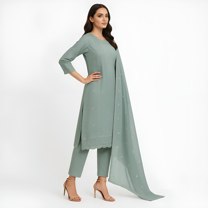Straight Fit Embellished Kurta With Pant With Dupatta Set