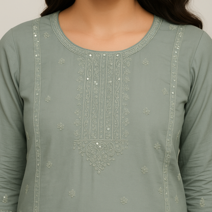 Straight Fit Embellished Kurta With Pant With Dupatta Set