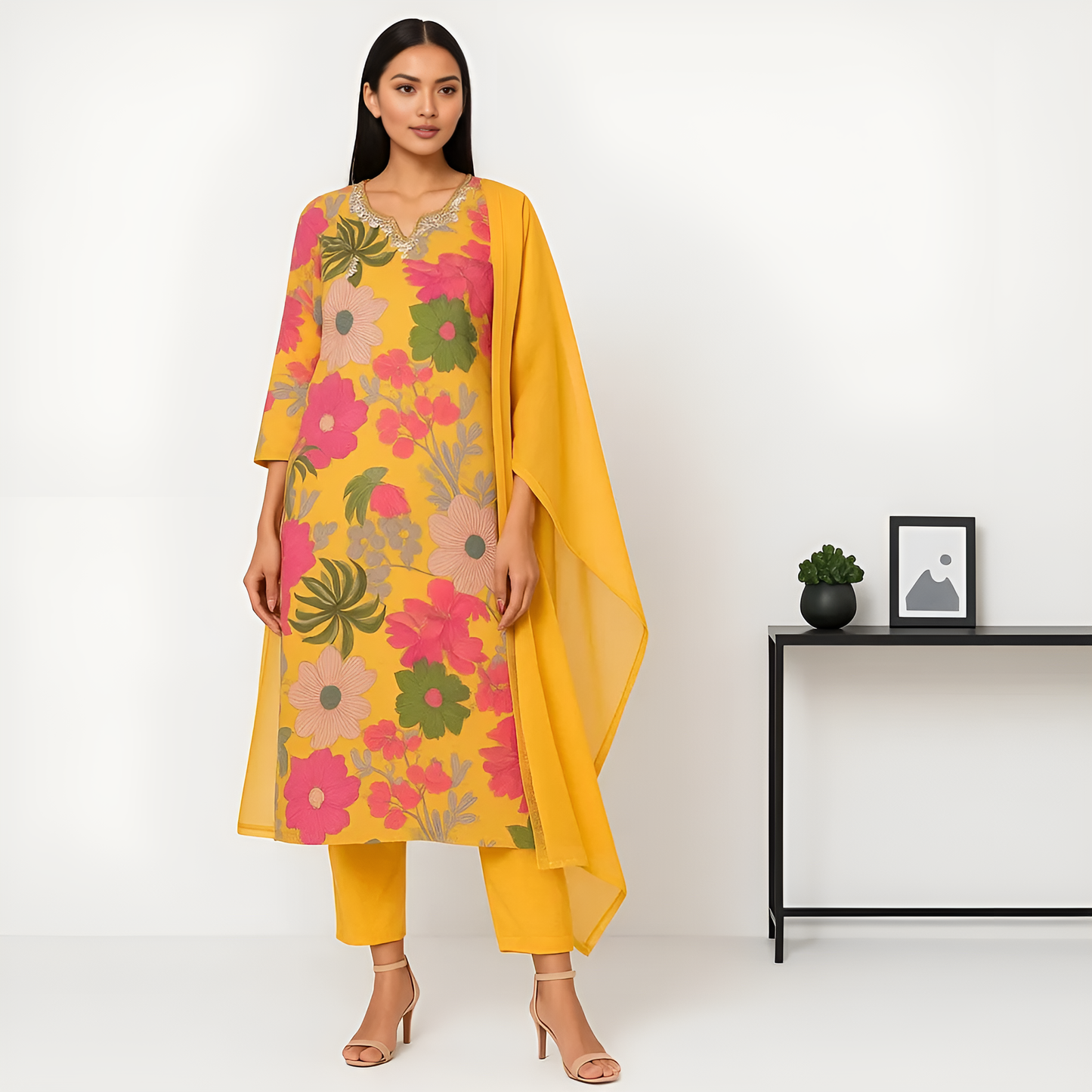 Straight Fit Printed Kurta With Pant With Dupatta Set
