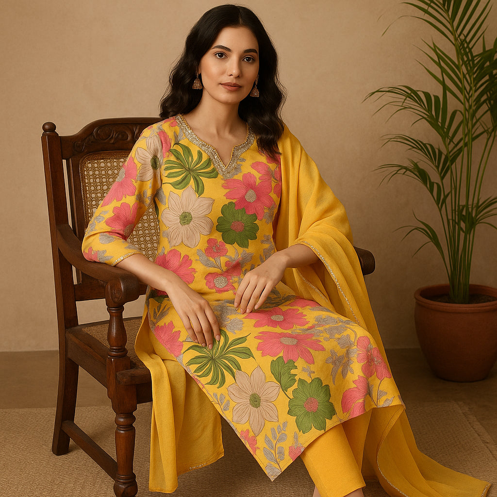 Straight Fit Printed Round Neck Flash Buy Kurta With Pant With Dupatta Set