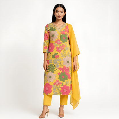 Straight Fit Printed Kurta With Pant With Dupatta Set