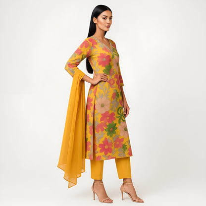 Straight Fit Printed Kurta With Pant With Dupatta Set