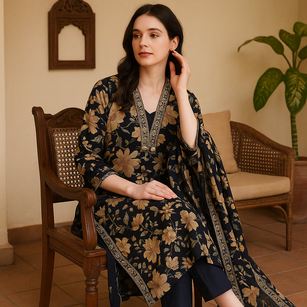 Straight Fit Printed V-Neck Flash Buy Kurta With Pant With Dupatta Set