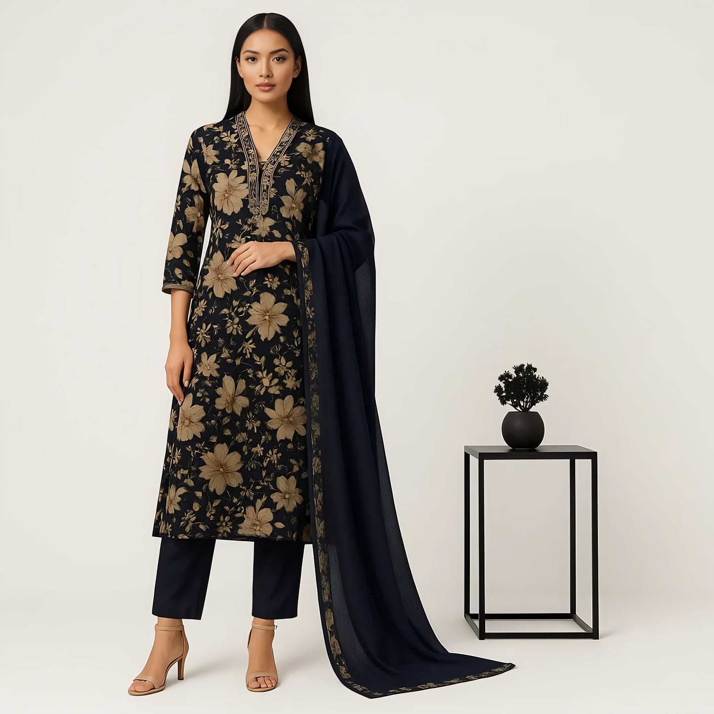 Straight Fit Printed V-Neck Kurta With Pant With Dupatta Set