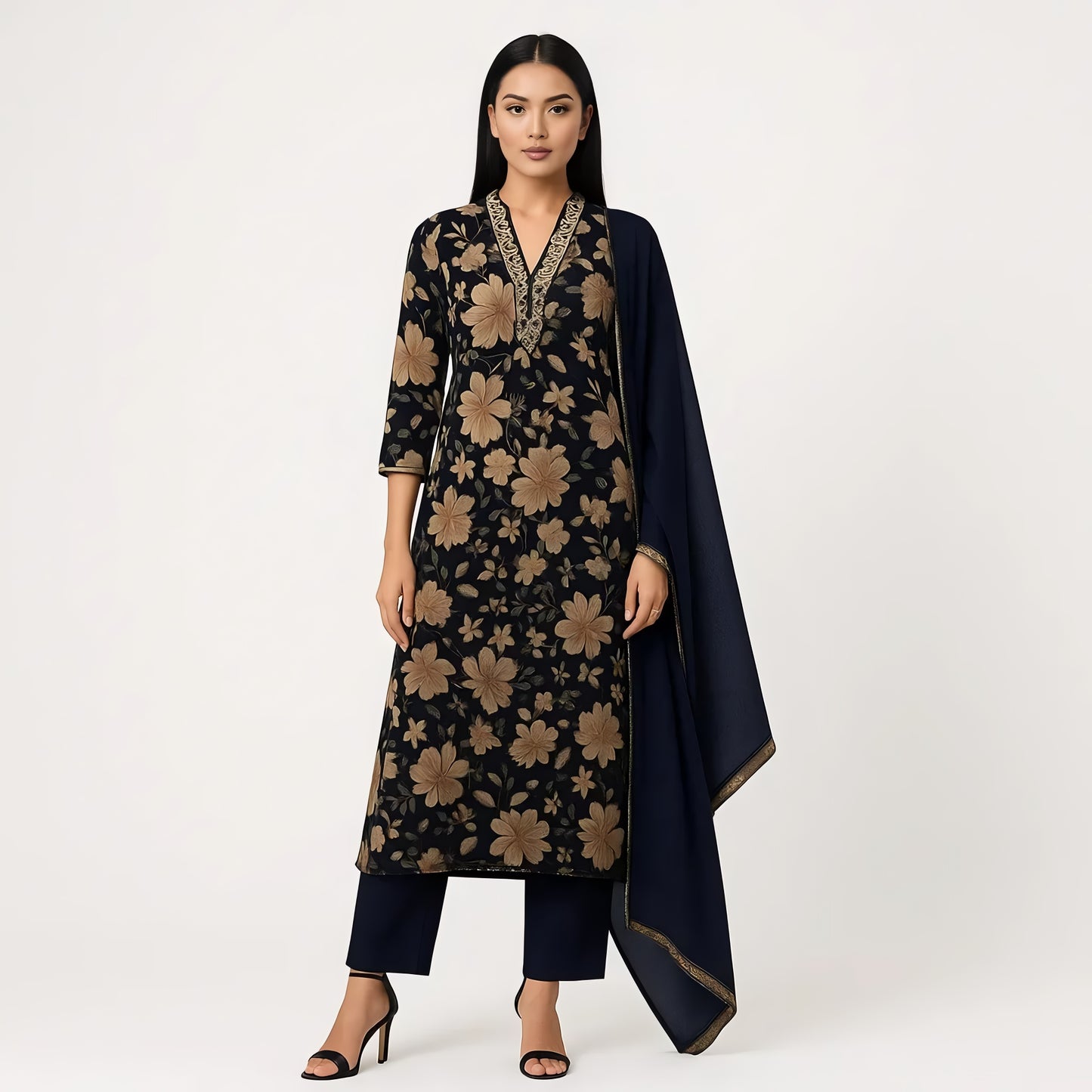 Straight Fit Printed V-Neck Kurta With Pant With Dupatta Set
