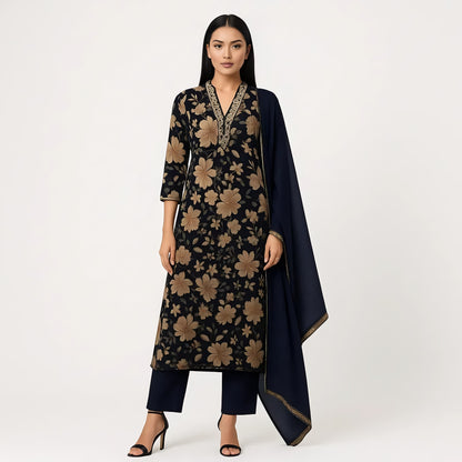Straight Fit Printed V-Neck Kurta With Pant With Dupatta Set