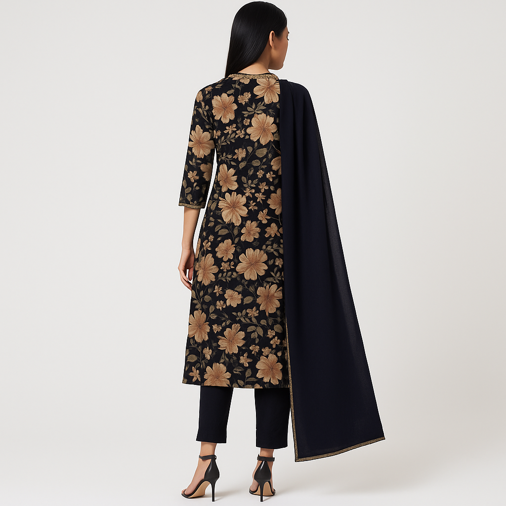 Straight Fit Printed V-Neck Kurta With Pant With Dupatta Set