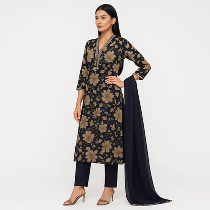 Straight Fit Printed V-Neck Kurta With Pant With Dupatta Set
