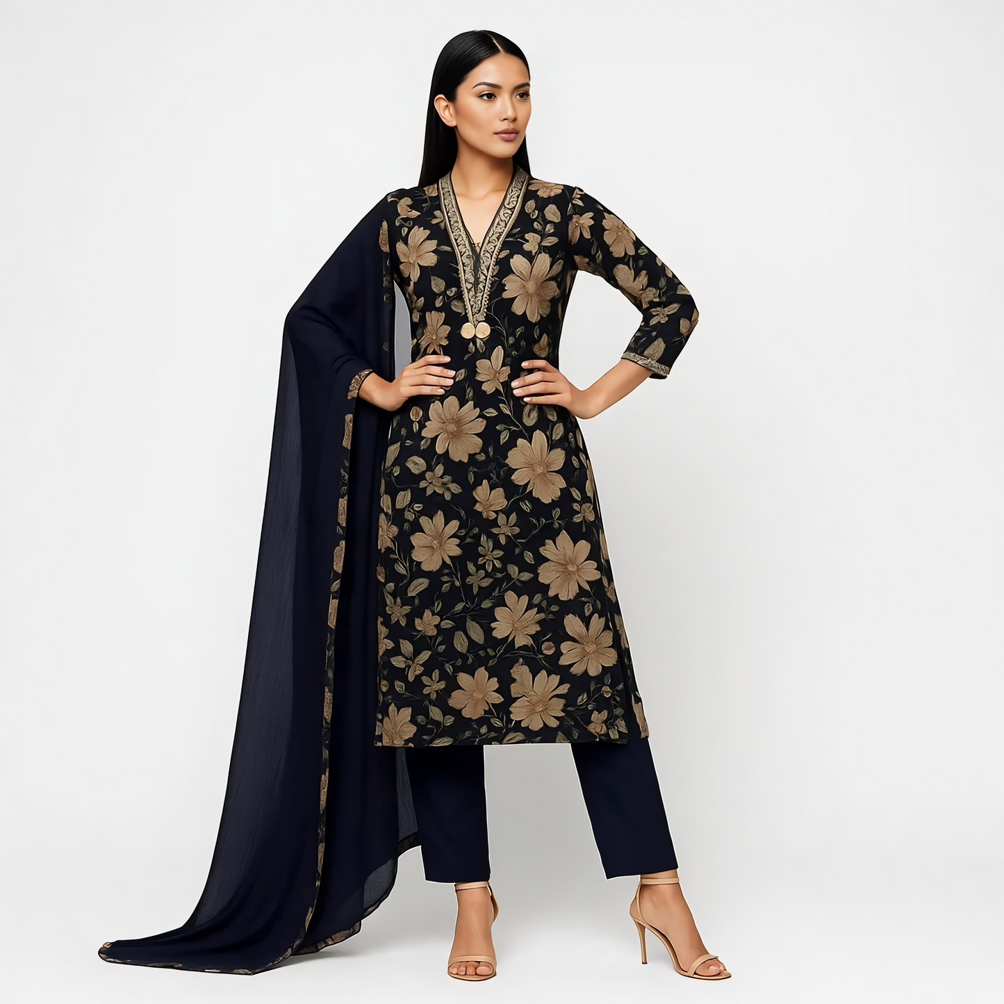 Straight Fit Printed V-Neck Kurta With Pant With Dupatta Set