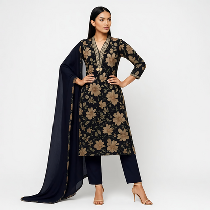 Straight Fit Printed V-Neck Kurta With Pant With Dupatta Set
