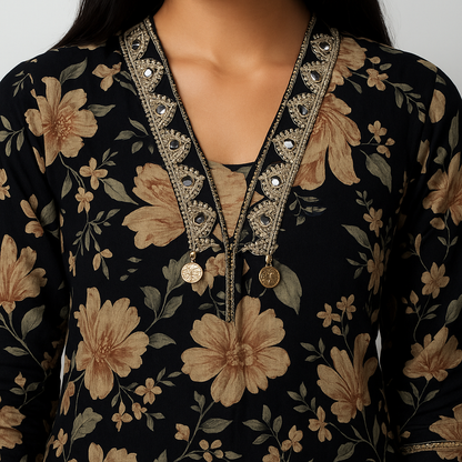 Straight Fit Printed V-Neck Kurta With Pant With Dupatta Set