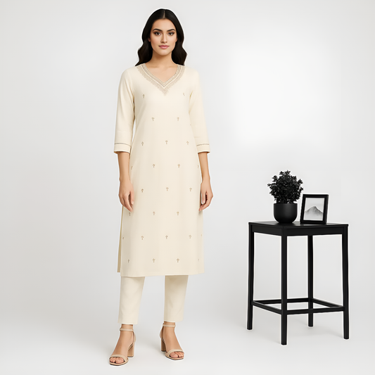 Straight Fit Embellished V-Neck Kurta