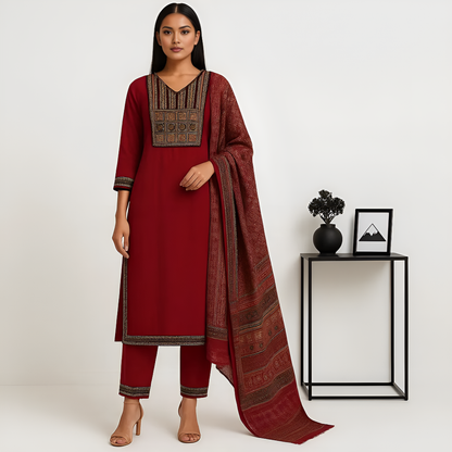 Straight Fit Embroidered V-Neck Kurta With Pant With Dupatta Set