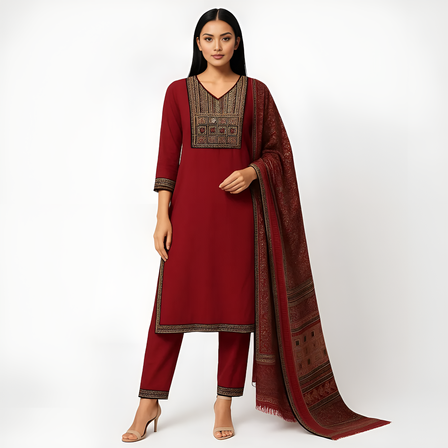 Straight Fit Embroidered V-Neck Kurta With Pant With Dupatta Set