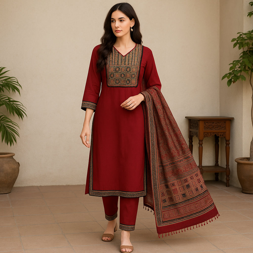 Straight Fit Embroidered V-Neck Flash Buy Kurta With Pant With Dupatta Set