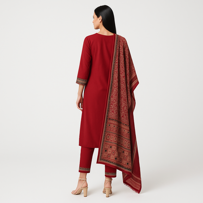 Straight Fit Embroidered V-Neck Kurta With Pant With Dupatta Set
