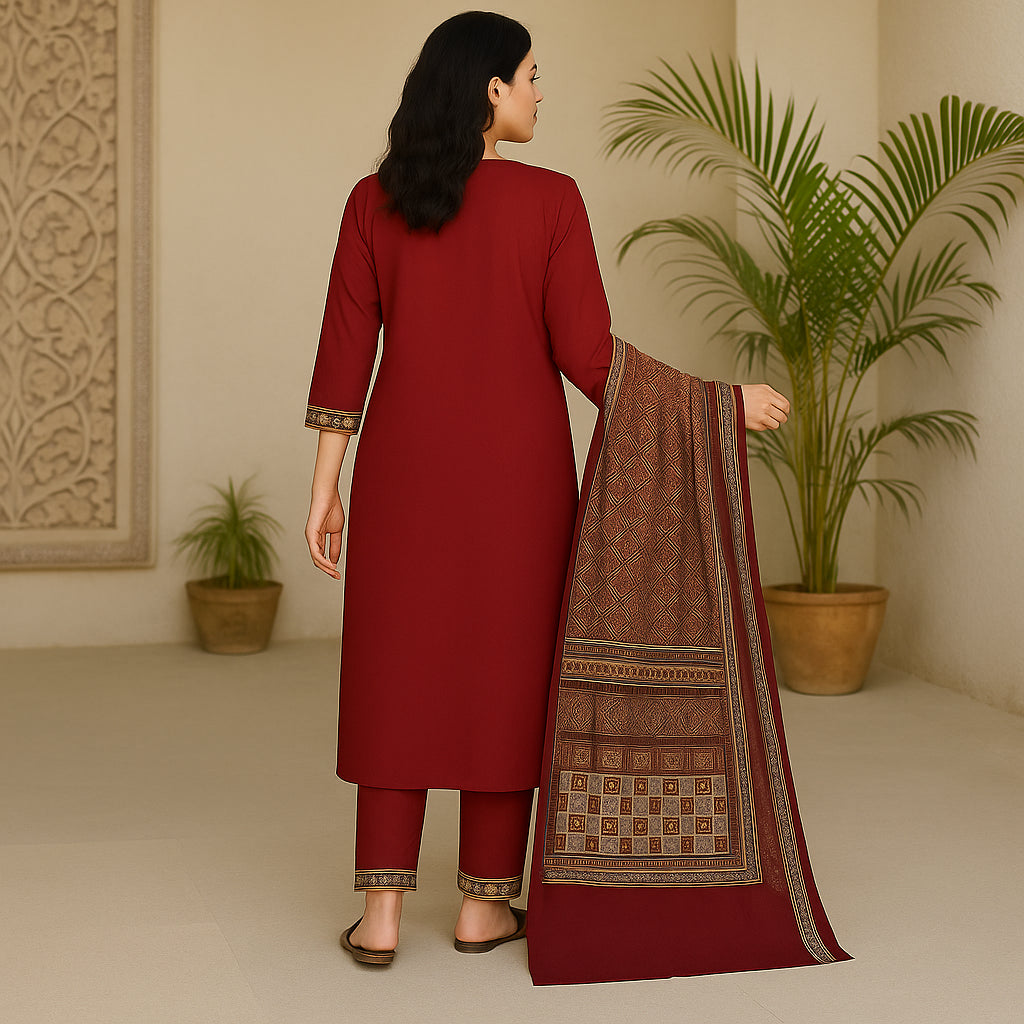 Straight Fit Embroidered V-Neck Flash Buy Kurta With Pant With Dupatta Set