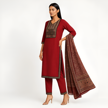 Straight Fit Embroidered V-Neck Kurta With Pant With Dupatta Set