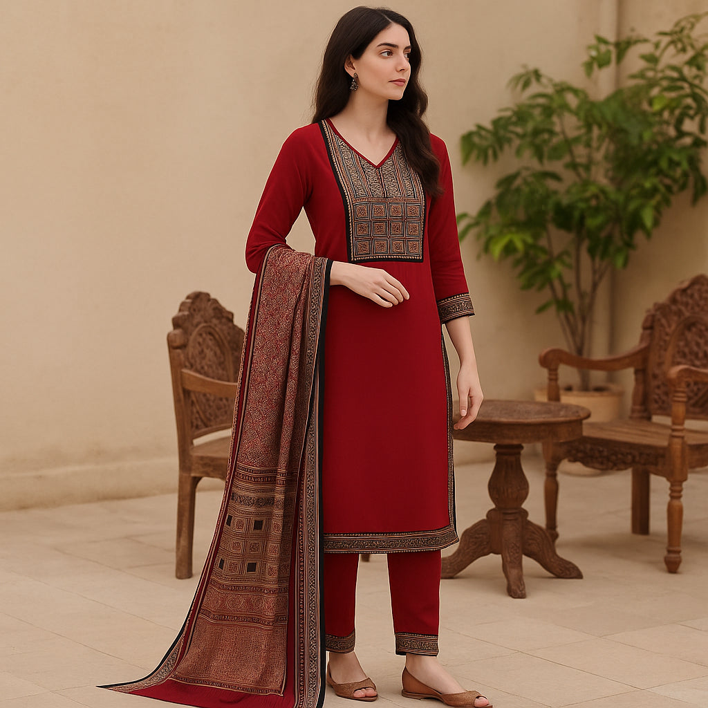 Straight Fit Embroidered V-Neck Flash Buy Kurta With Pant With Dupatta Set