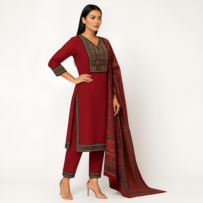 Straight Fit Embroidered V-Neck Kurta With Pant With Dupatta Set
