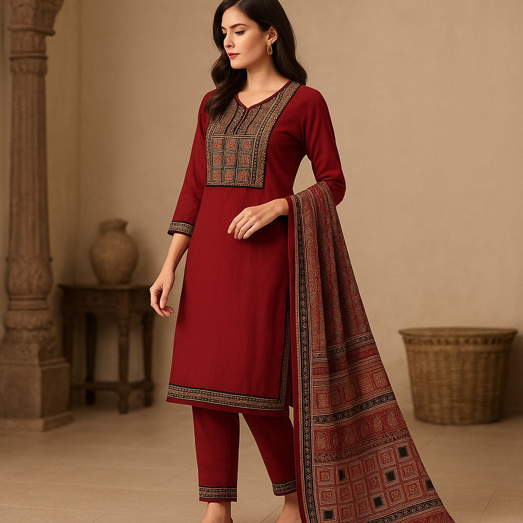 Straight Fit Embroidered V-Neck Flash Buy Kurta With Pant With Dupatta Set