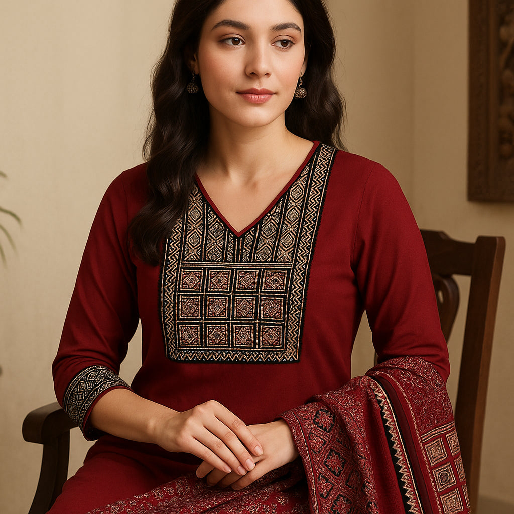 Straight Fit Embroidered V-Neck Flash Buy Kurta With Pant With Dupatta Set