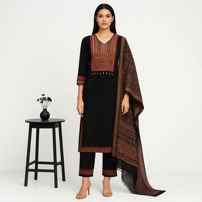 Straight Fit Embroidered V-Neck Kurta With Pant With Dupatta Set