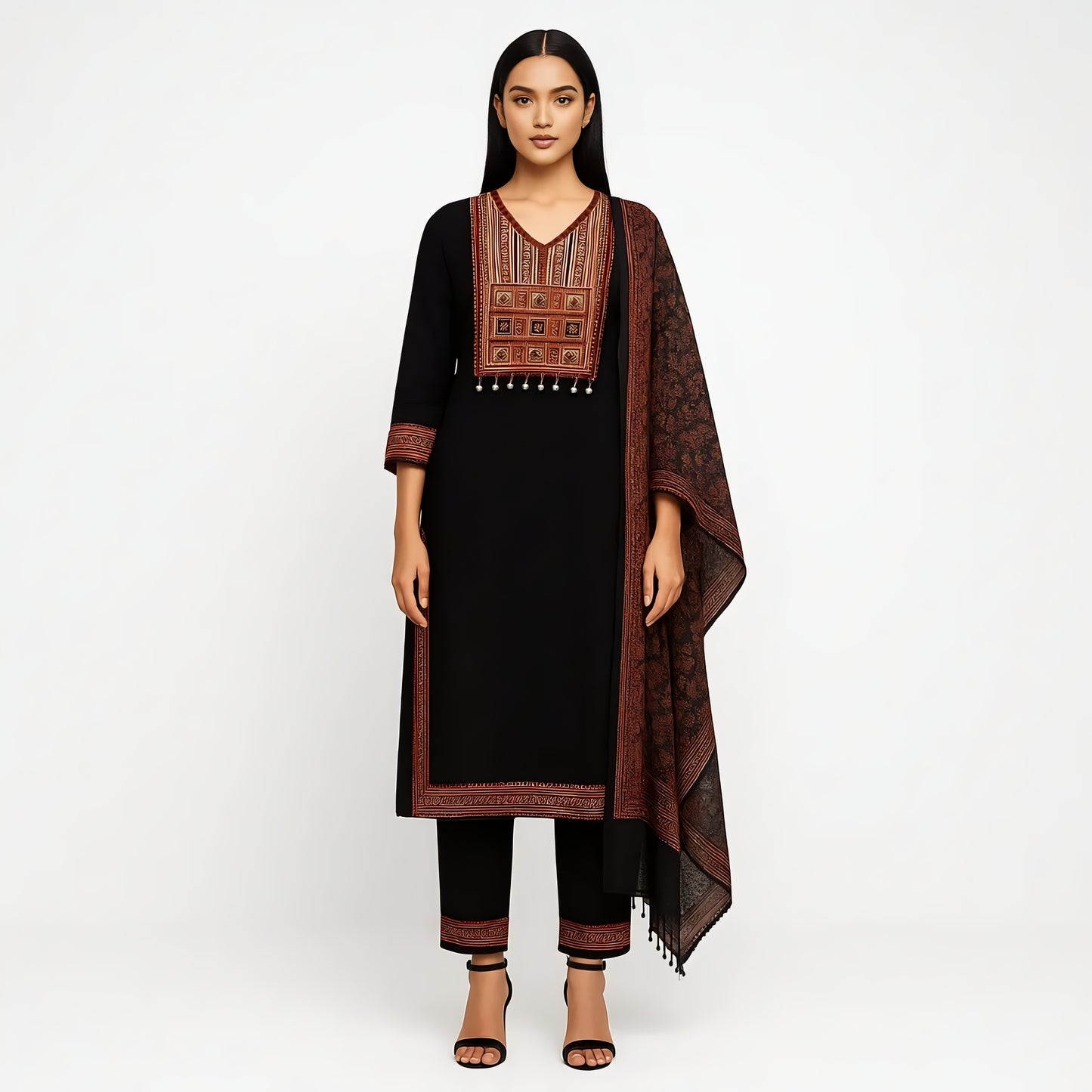 Straight Fit Embroidered V-Neck Kurta With Pant With Dupatta Set