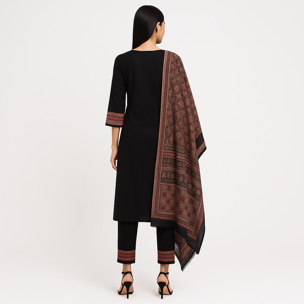 Straight Fit Embroidered V-Neck Kurta With Pant With Dupatta Set
