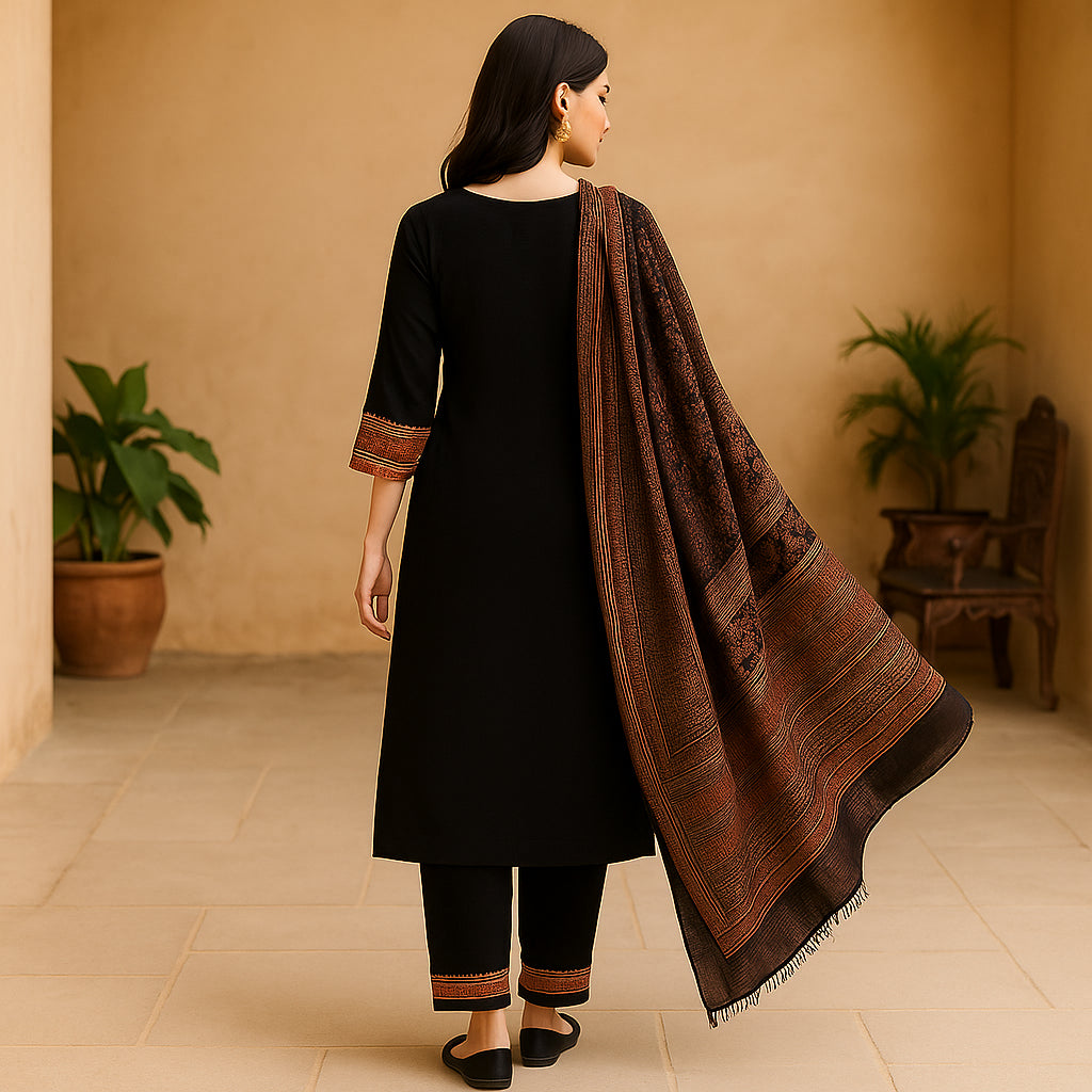 Straight Fit Embroidered V-Neck Flash Buy Kurta With Pant With Dupatta Set