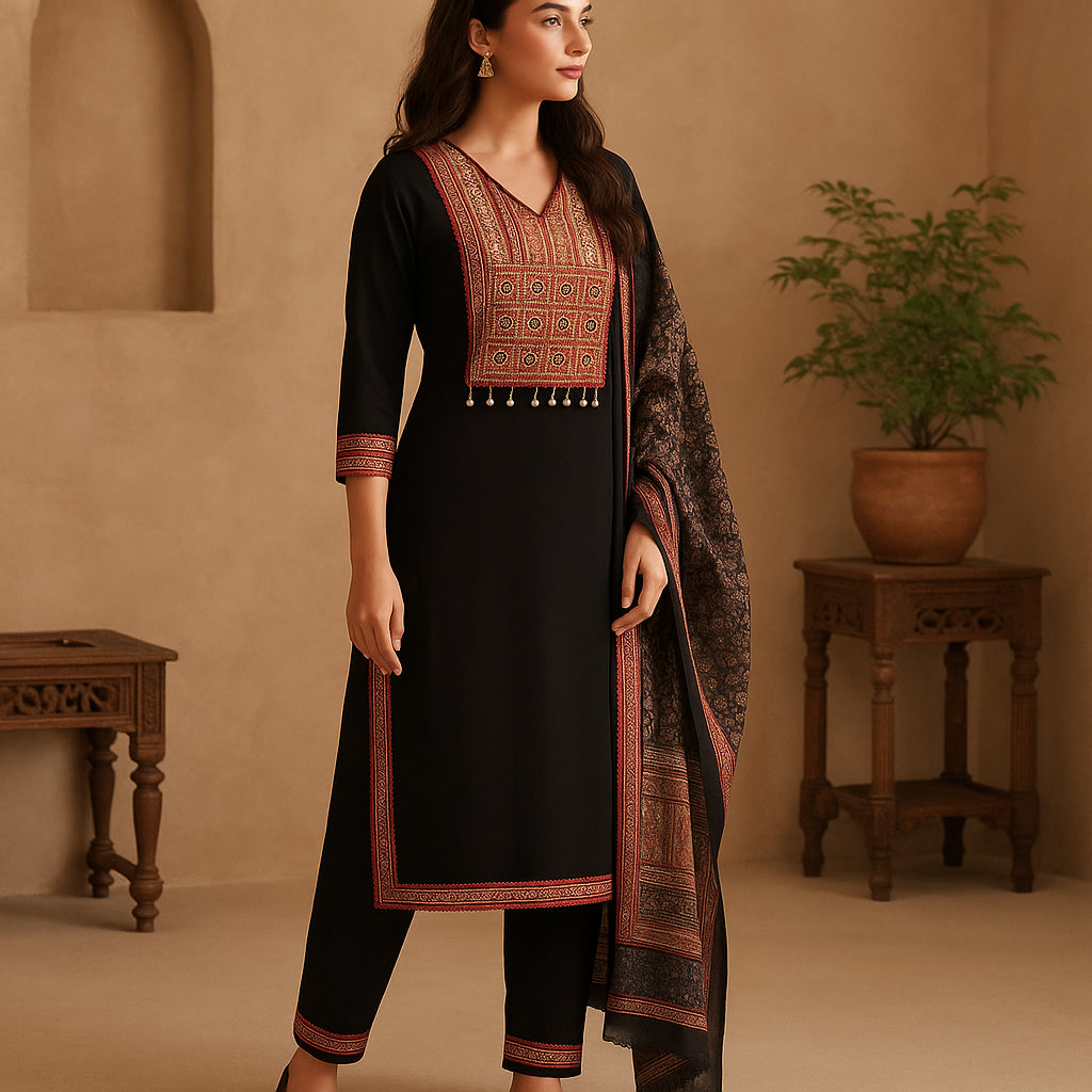 Straight Fit Embroidered V-Neck Flash Buy Kurta With Pant With Dupatta Set