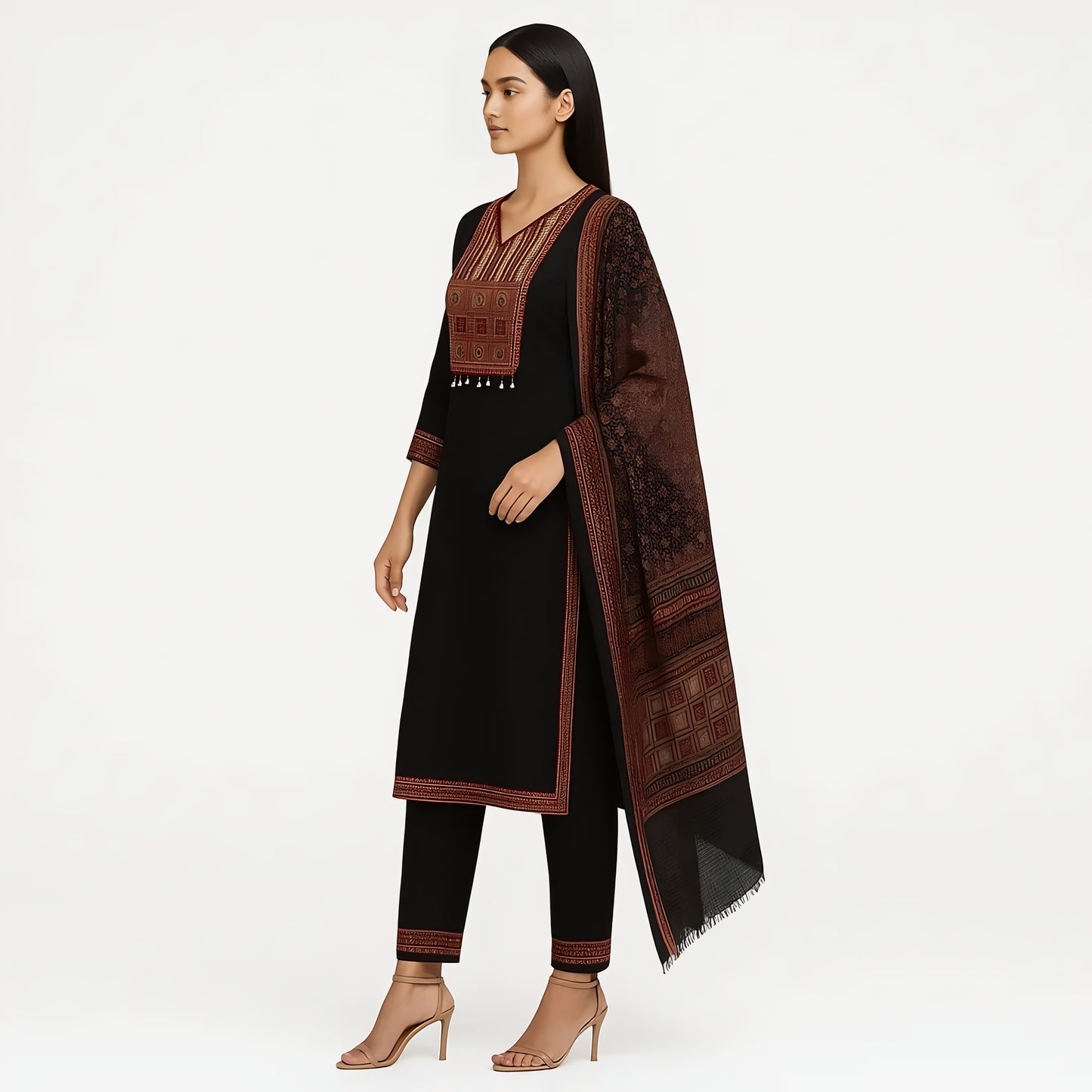 Straight Fit Embroidered V-Neck Kurta With Pant With Dupatta Set