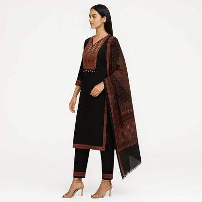 Straight Fit Embroidered V-Neck Kurta With Pant With Dupatta Set