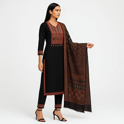 Straight Fit Embroidered V-Neck Kurta With Pant With Dupatta Set