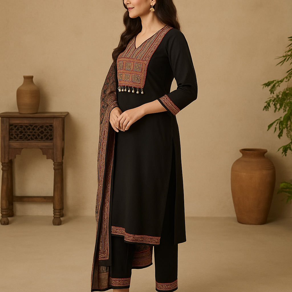Straight Fit Embroidered V-Neck Flash Buy Kurta With Pant With Dupatta Set