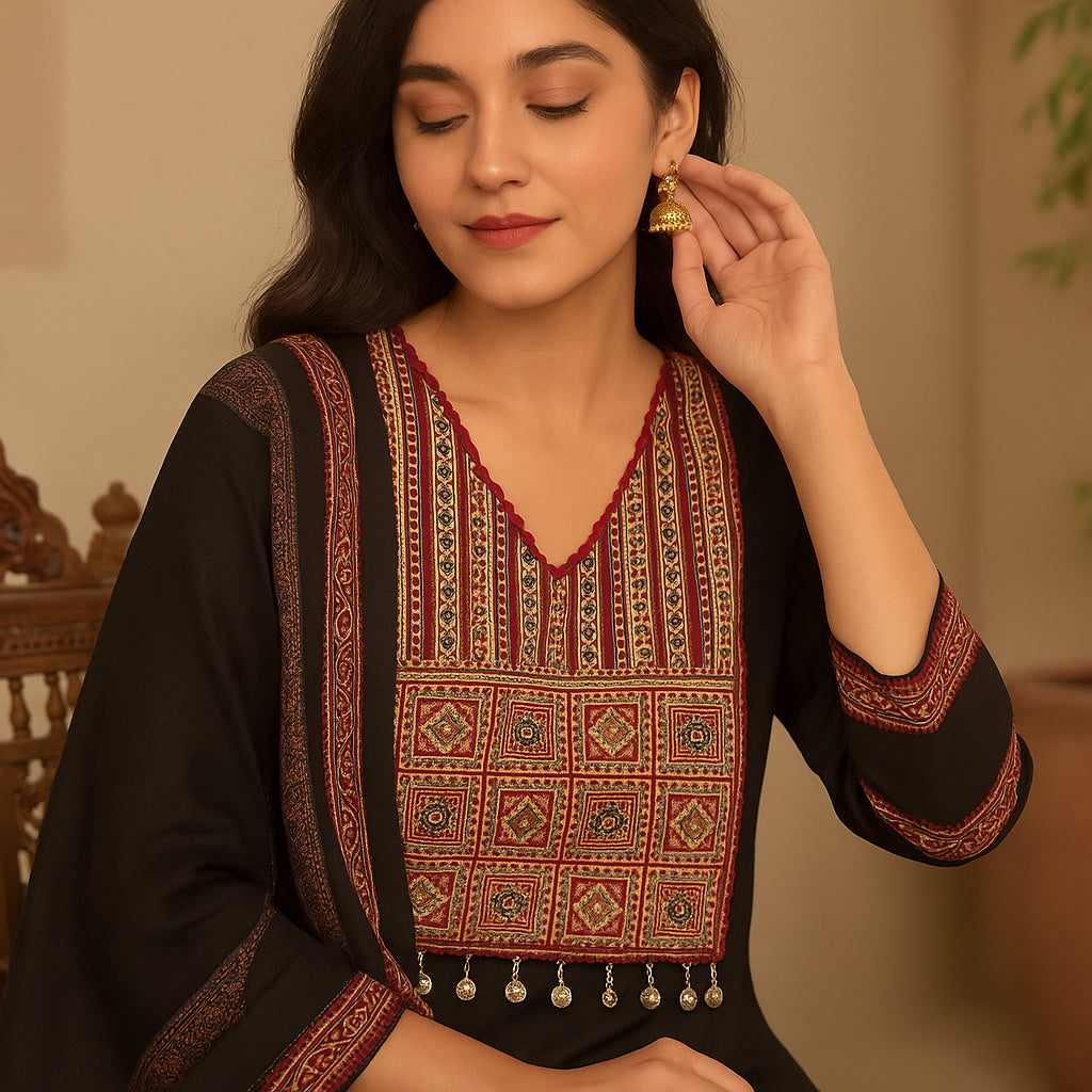 Straight Fit Embroidered V-Neck Flash Buy Kurta With Pant With Dupatta Set