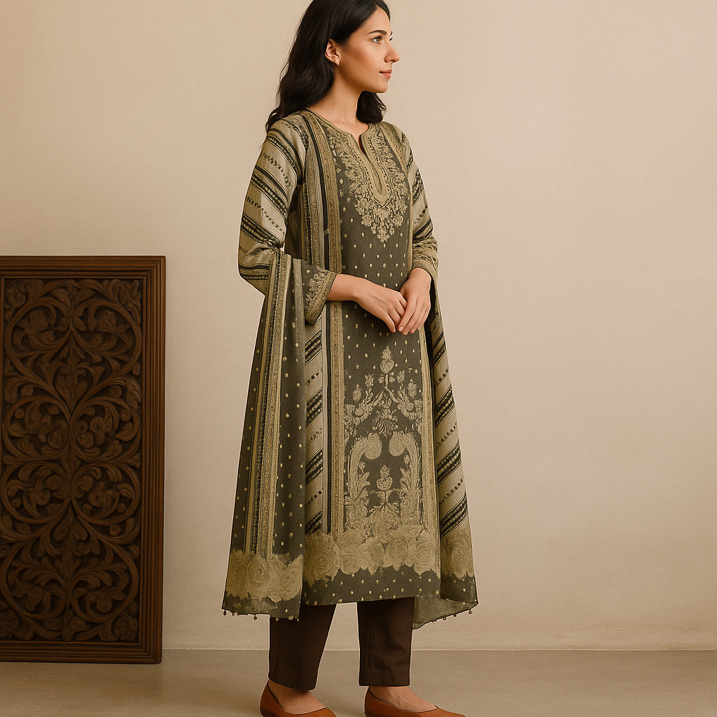 Straight Fit Printed Round Neck Flash Buy Kurta With Pant With Dupatta Set