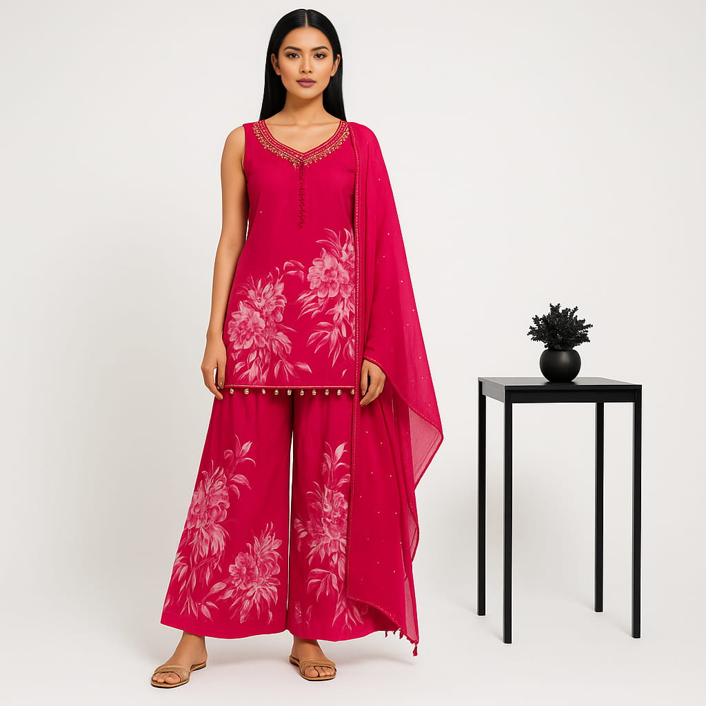 Straight Fit Printed V-Neck Flash Buy Kurta With Pant With Dupatta Set