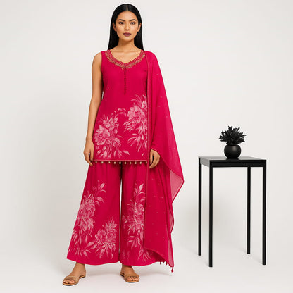 Straight Fit Printed V-Neck Flash Buy Kurta With Pant With Dupatta Set